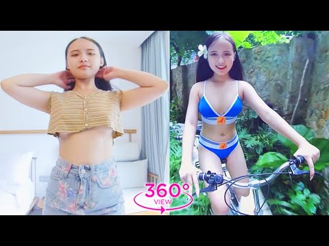 VR360 Lookbook – Beautiful girl Cutting clothes and taking photos outdoors